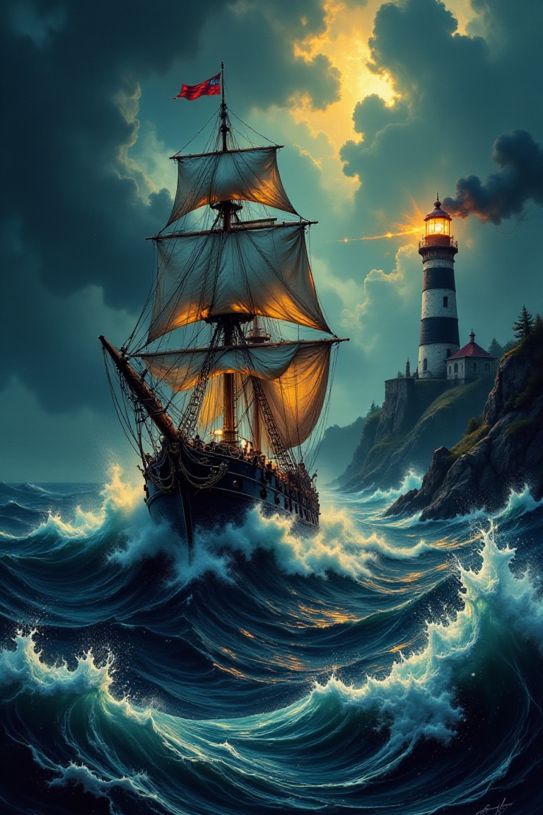 a stormy sea scene. The composition centers on a large,  old-fashioned sailing ship battling turbulent waves,  with its sa...