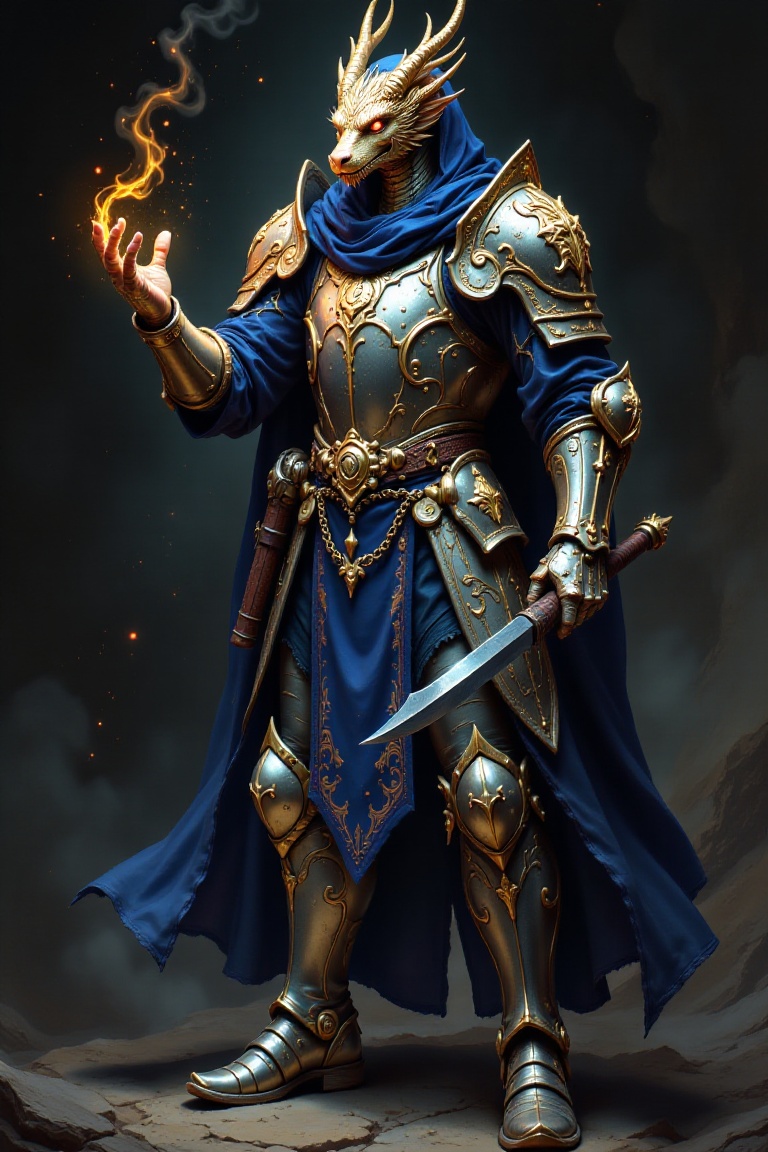 fantasy painting of a male cleric in a worn out platinum platemail armor with platemail boots and with blue accents. golde...