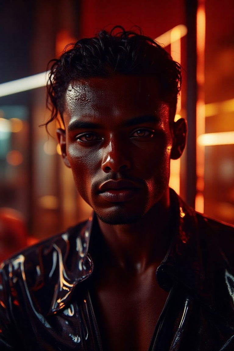 A moody shot of a dark-skinned man with wet hair and piercing brown eyes,  standing confidently in front of a blurred-out...