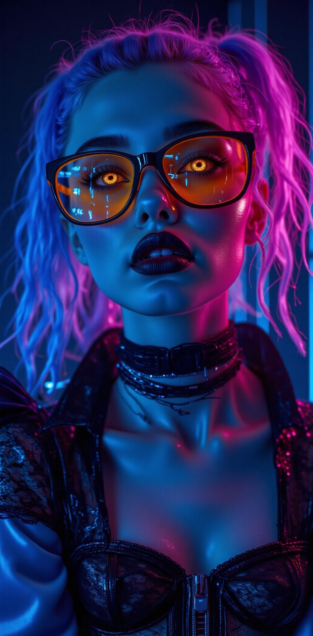 A super detailed,  hyper-realistic surrealistic portrait of a young woman with an edgy and modern look. She has a stylish...