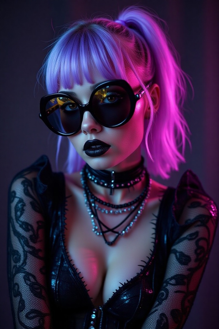 A super detailed,  hyper-realistic surrealistic portrait of a young woman with an edgy and modern look. She has a stylish...