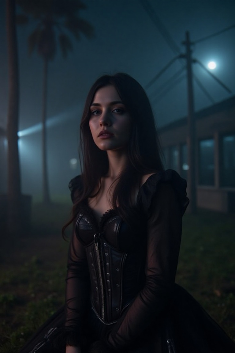 awarded RAW color photo of Victorian era woman in black dress with leather corset,  dark foggy village,  night ominous dar...