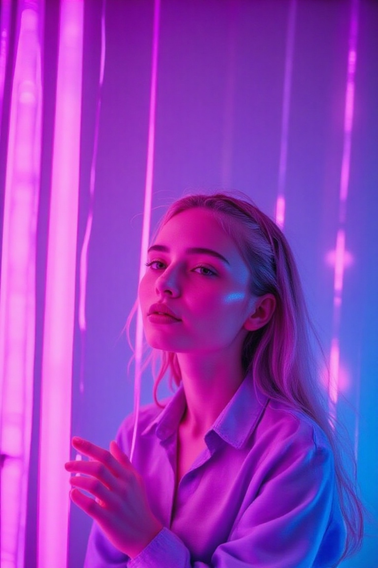 a photo of woman. she is looking into the camera with a smile. The scene is bathed in a pale,  lilac-tinted glow,  casting...