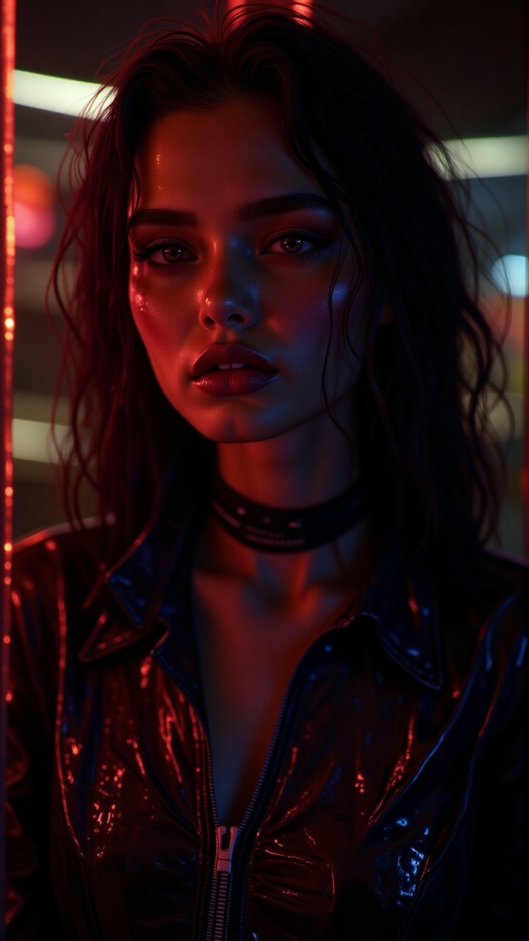A moody shot of a dark-skinned woman with wet hair and piercing brown eyes,  standing confidently in front of a blurred-ou...