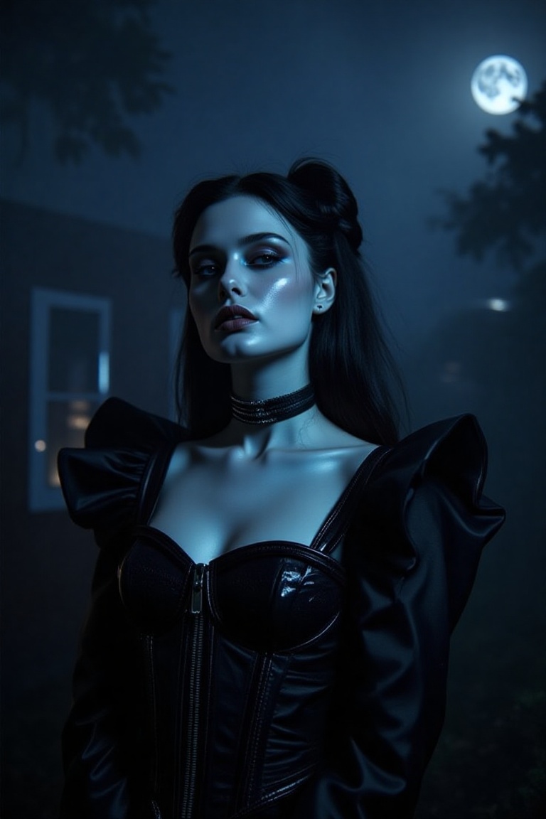 awarded RAW color photo of Victorian era woman in black dress with leather corset,  dark foggy village,  night ominous dar...