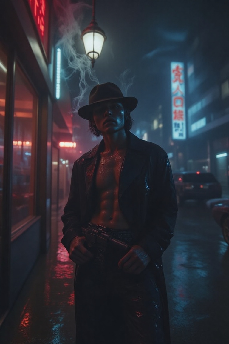 A brooding detective stands under the dim glow of a flickering streetlamp in a rain-soaked alley,  his trench coat slick w...