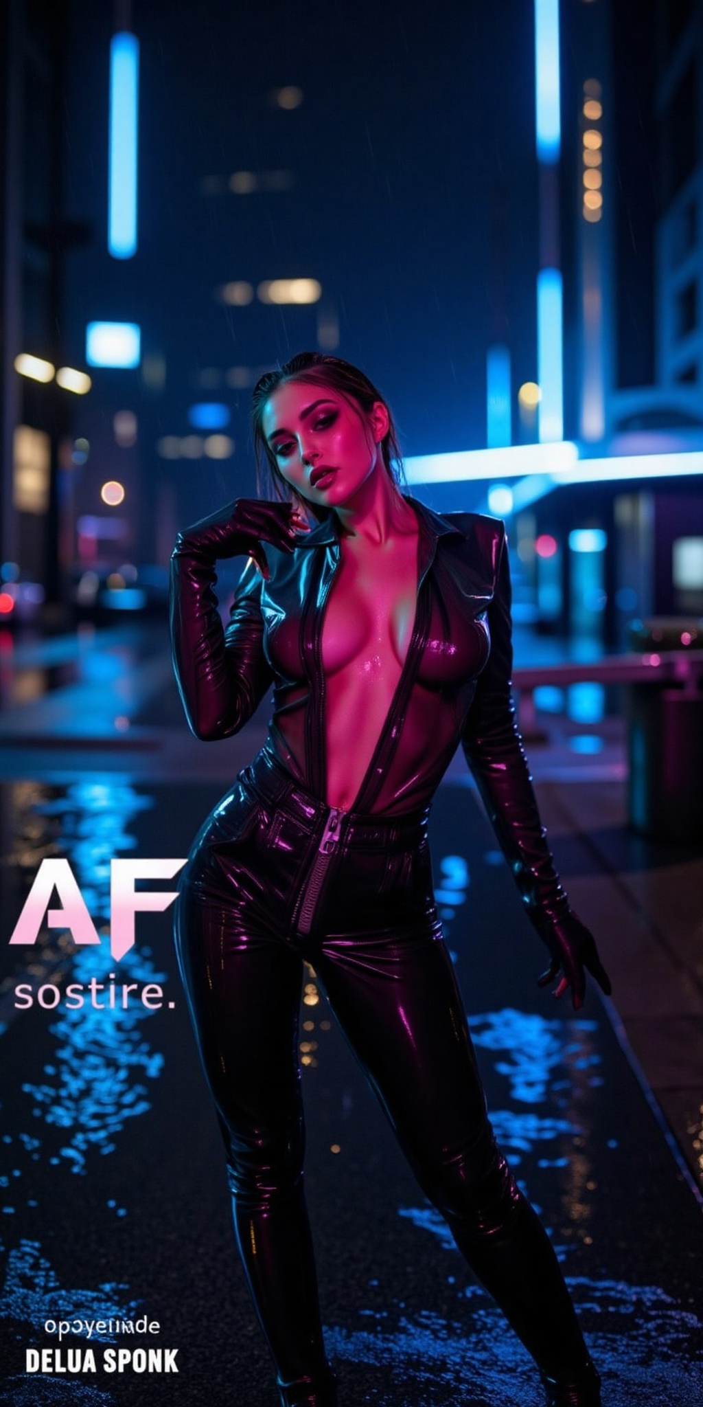 Cinematic photo of a beautiful futuristic Japanese woman in a Blade Runner-inspired rainy city,  dressed in sleek modern f...