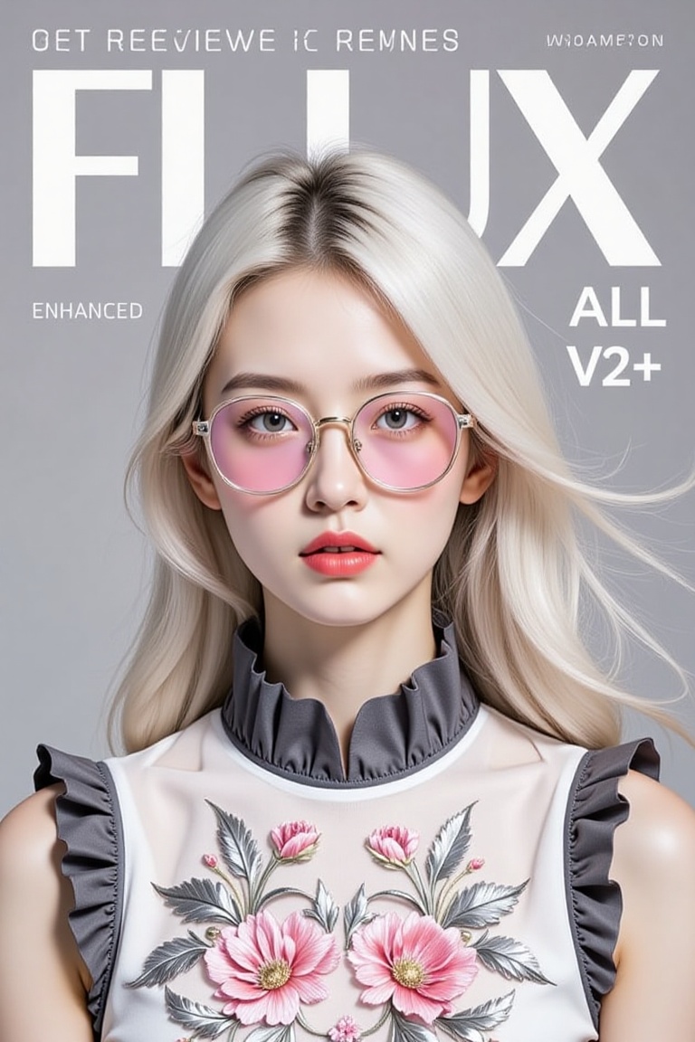 a woman with long,  straight,  platinum blonde hair. wearing a sleeveless top with a white base and dark gray ruffle detai...