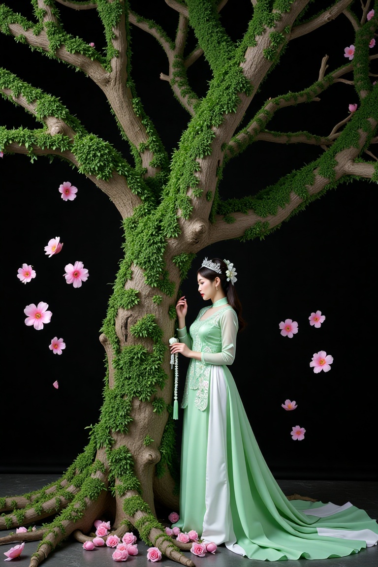 A serene scene where a woman,  adorned in a traditional green and white dress,  stands gracefully beside a majestic green...