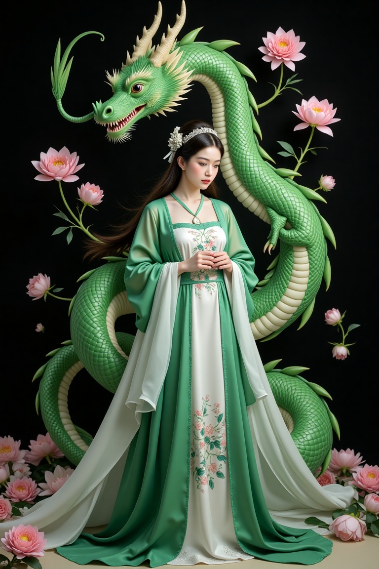 A serene scene where a woman,  adorned in a traditional green and white dress,  stands gracefully beside a majestic green...