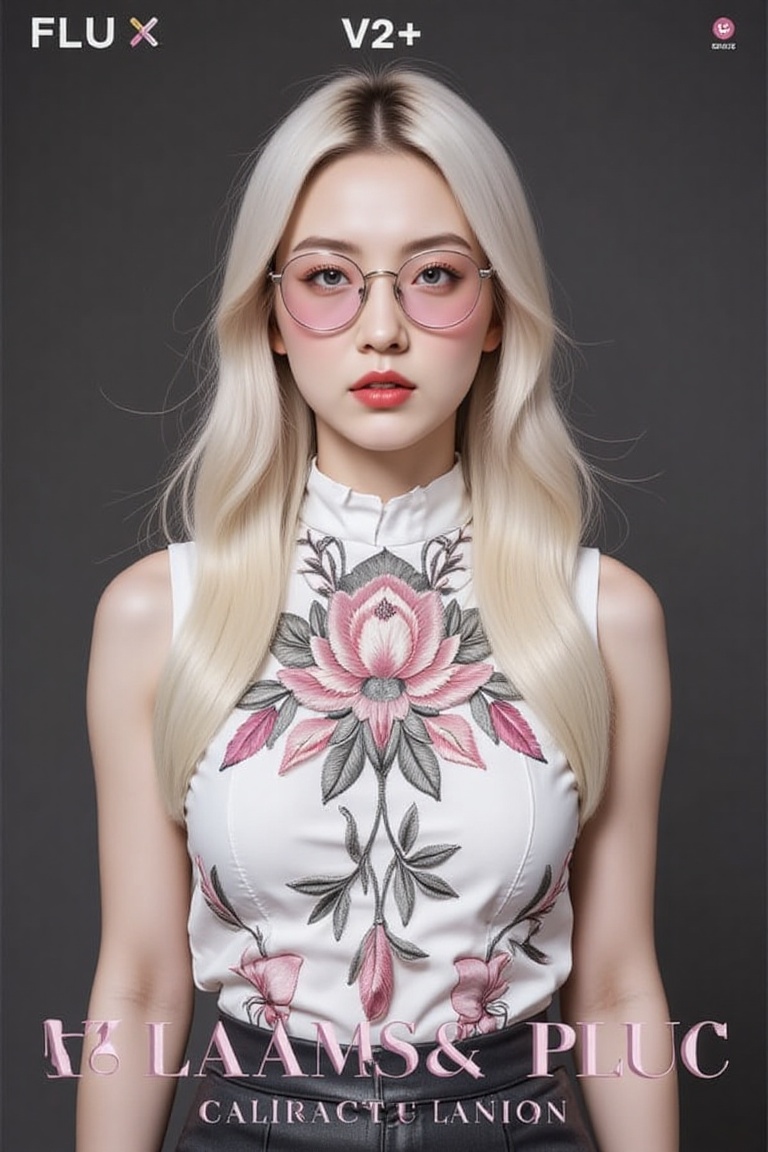 A woman with long,  straight platinum blonde hair stands confidently against a dark gray background,  her sleeveless top s...