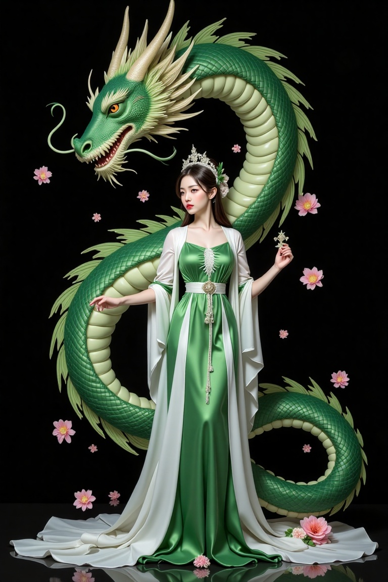 A serene scene where a woman,  adorned in a traditional green and white dress,  stands gracefully beside a majestic green...