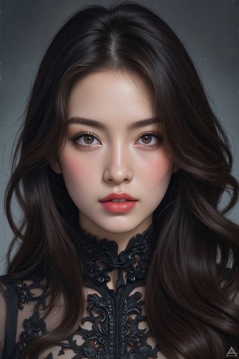 A captivating 3/4 view of a mysterious lady,  her ripe features illuminated by moody lighting that accentuates the deep da...