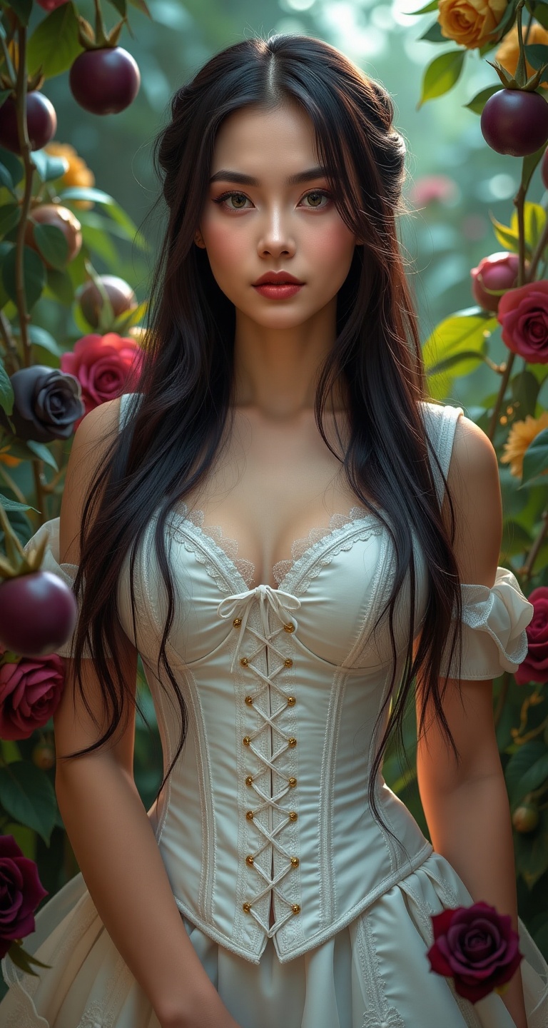 Ethereal portrait of a stunning woman,  her raven tresses cascading down the white corset as she stands amidst a whimsical...