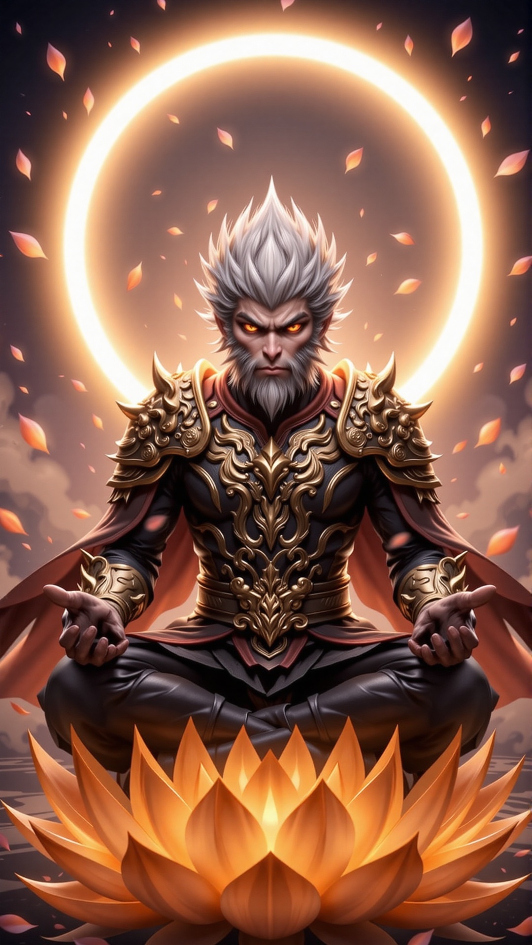 Black Myth WuKong,  the Monkey King from Black Myth: Wukong,  meditating on a radiant golden lotus flower. The character h...