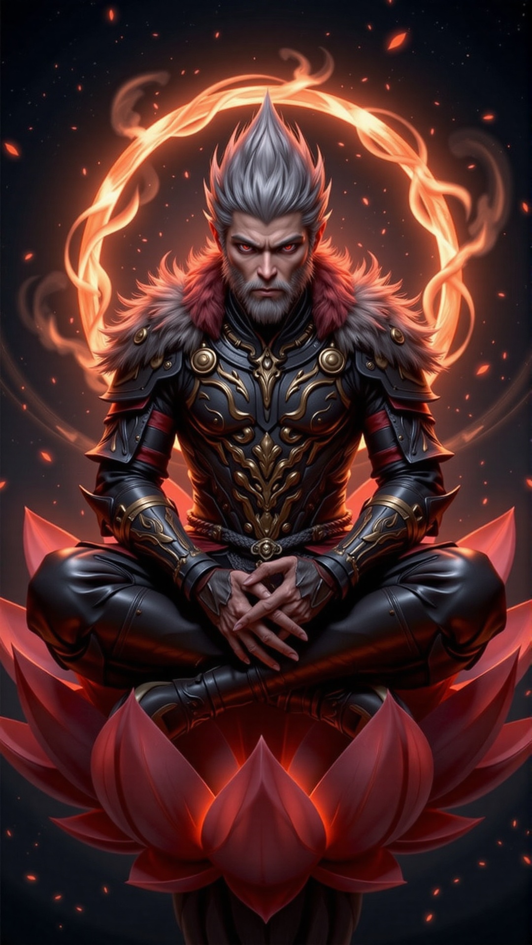 Black Myth WuKong,  Generate a cinematic fantasy artwork of Black Myth : Wukong,  seated cross-legged on a vibrant red lot...