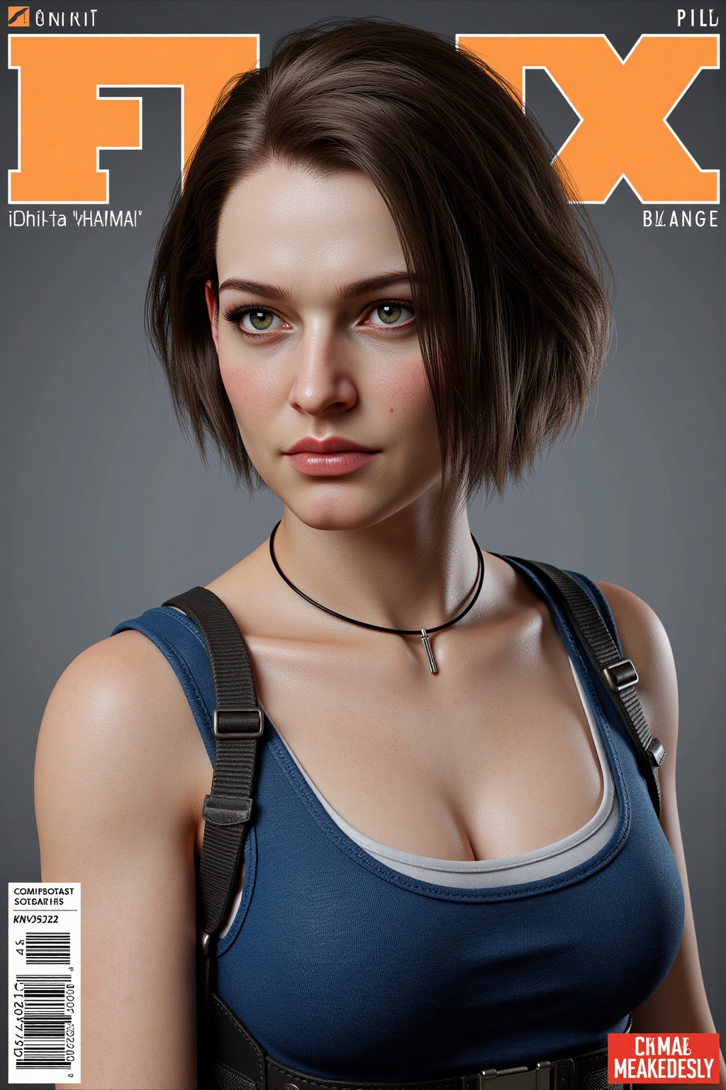 Ultra realistic 3D render of a young woman (Jill Valentine) with short brown hair,  wearing a blue **** top and leather ge...