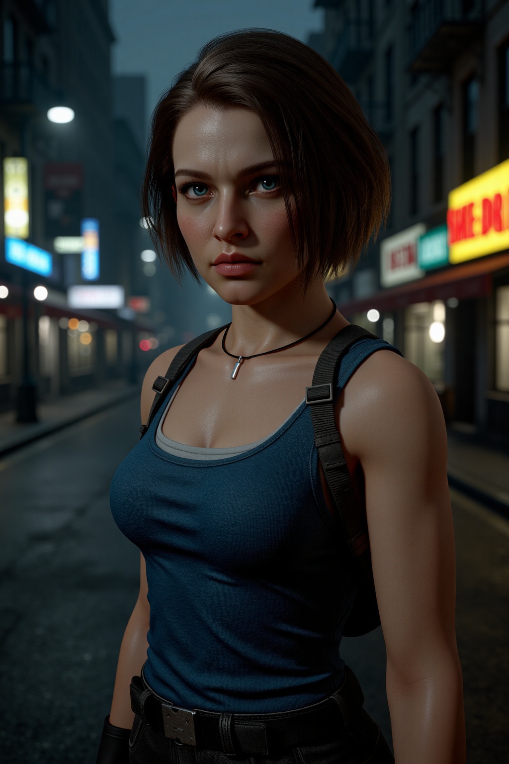 Ultra realistic 3D render of a young woman (Jill Valentine) with short brown hair,  wearing a blue **** top and leather ge...