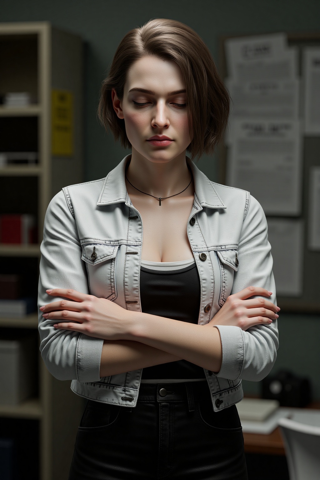 Ultra realistic 3D render of a young woman (Jill Valentine) with short brown hair,  wearing a white denim jacket and a ***...
