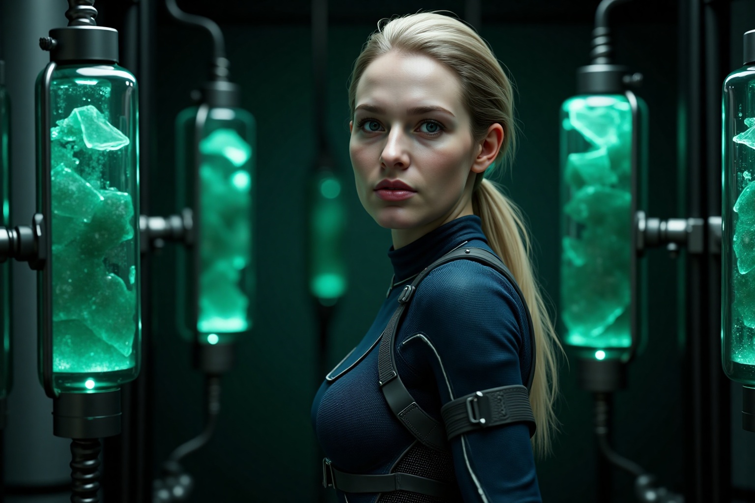 A magnificent blonde female with a ponytail in a high-tech,  textured dark blue bodysuit,  standing confidently in a dark...