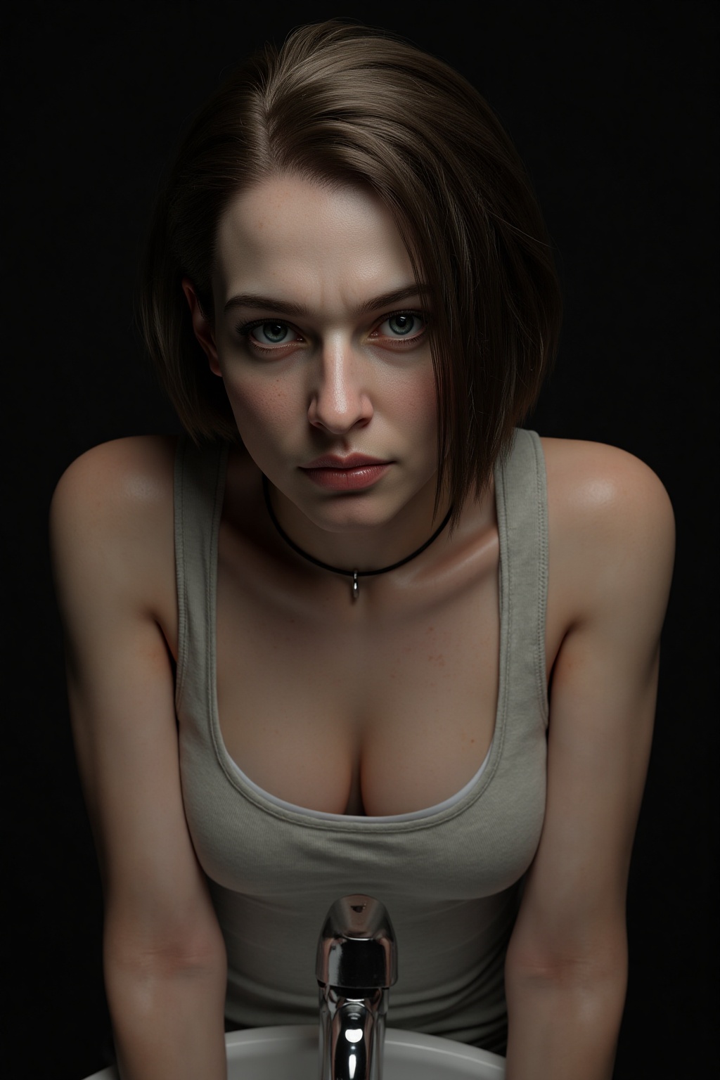 Ultra realistic 3D render of a young woman (Jill Valentine) with short brown hair,  wearing a white dirty **** top. Her lo...