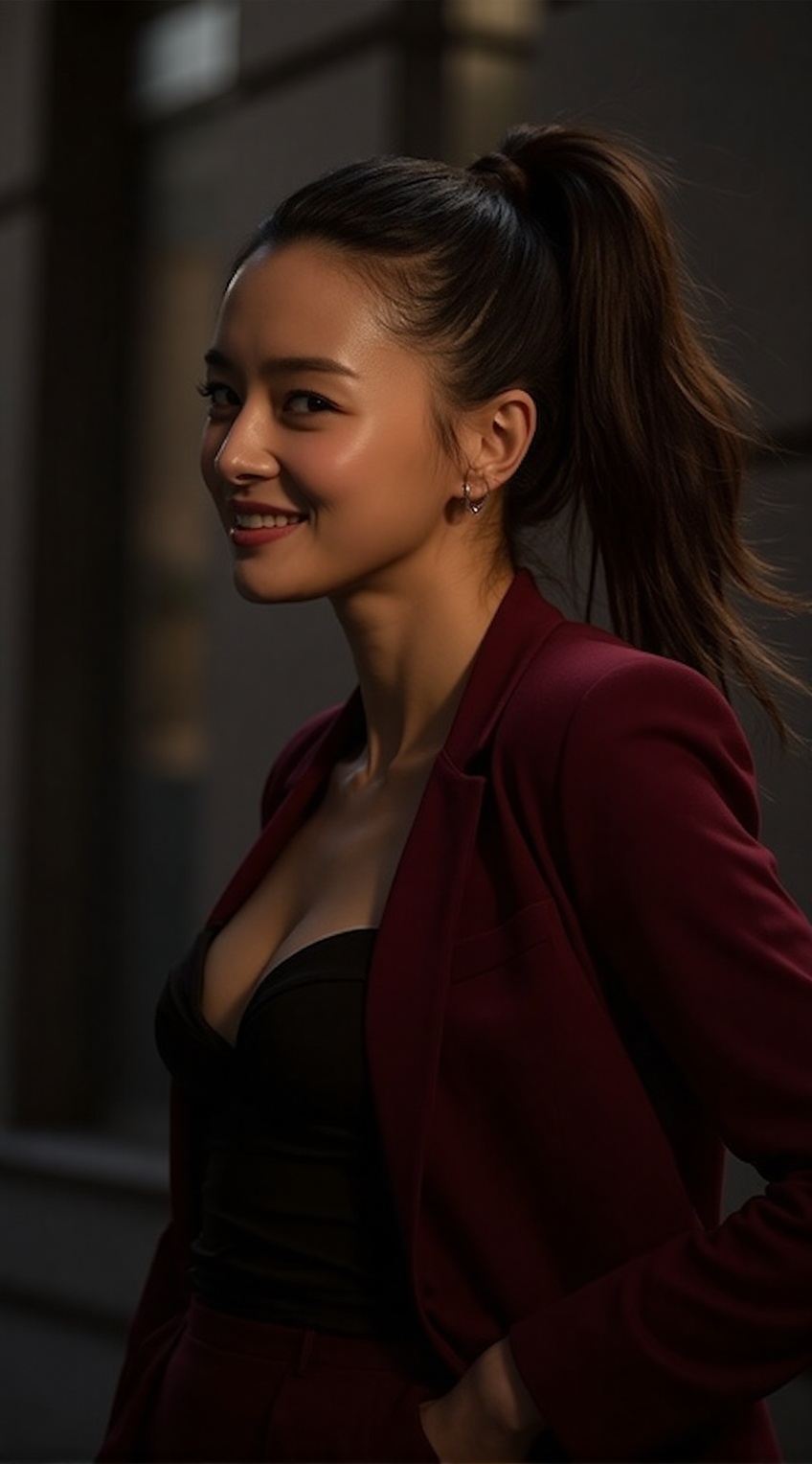 A sophisticated city woman captured in an elegant mid-length portrait,  exuding confidence and charm. She smiles radiantly...