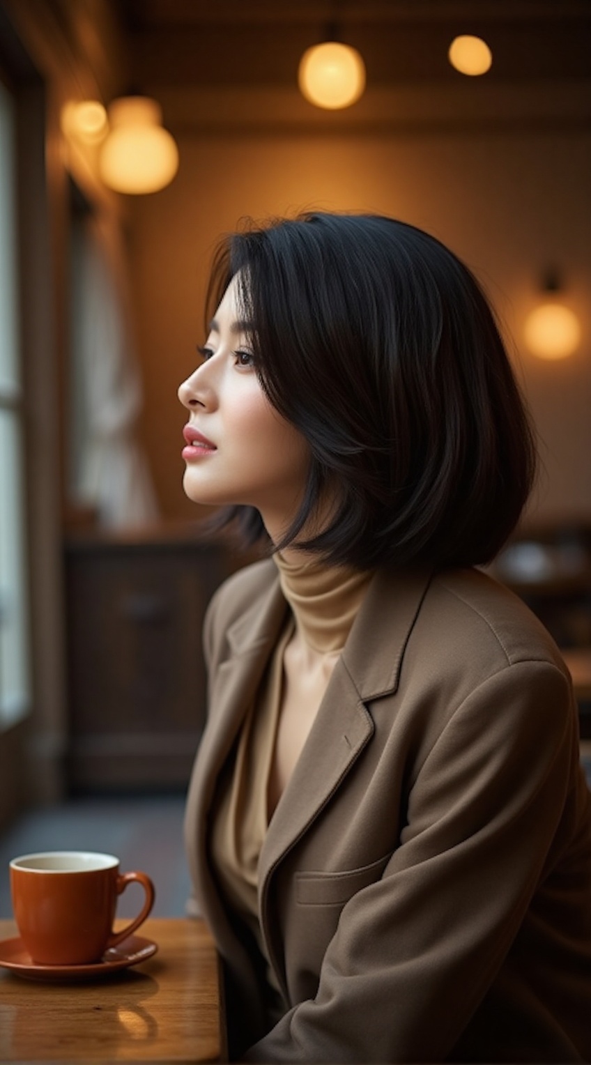 A sophisticated and elegant city woman sitting gracefully at a cozy café,  captured in a close-up shot. She has a sleek,...