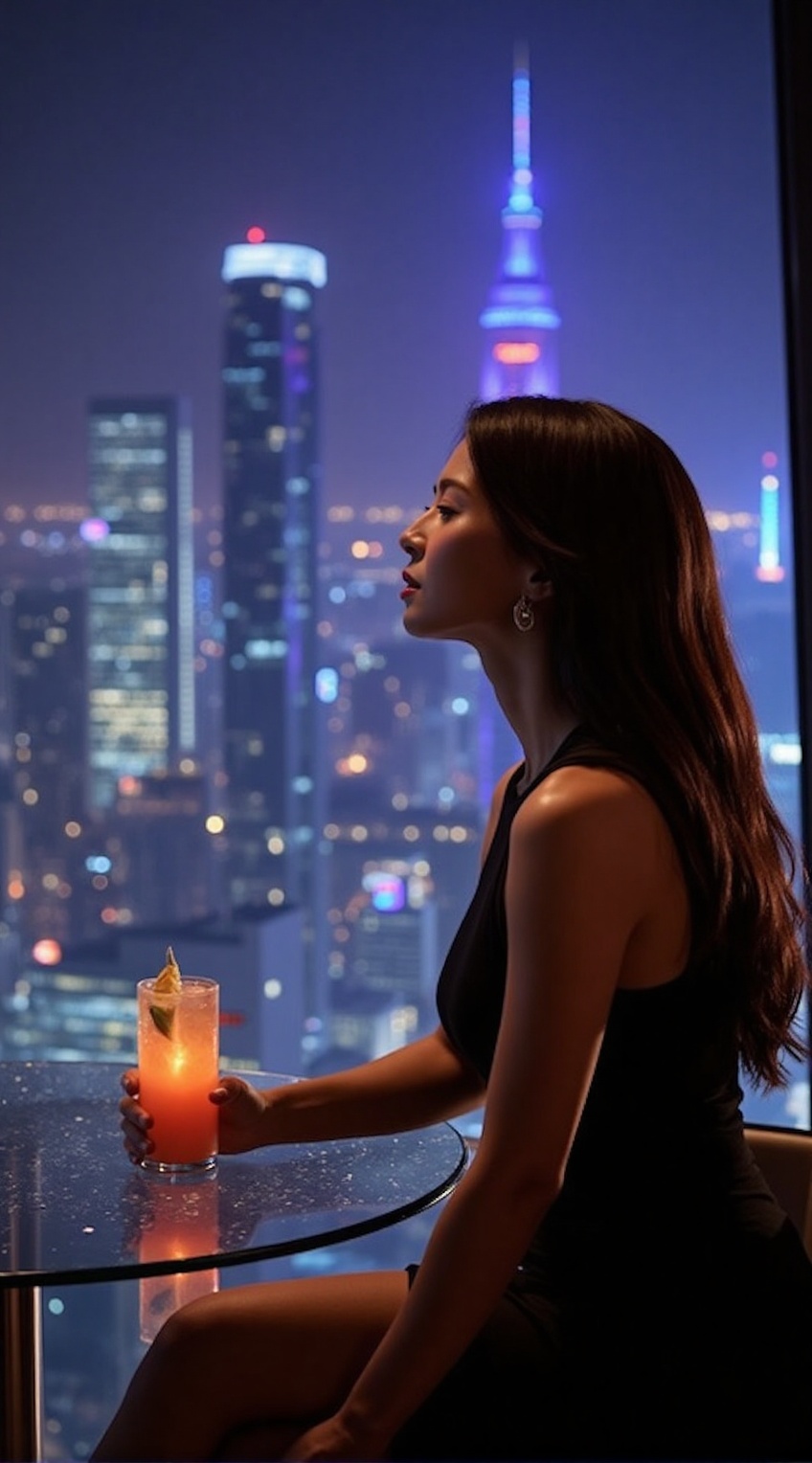 A glamorous and sophisticated woman sitting elegantly at a sky-view lounge,  captured in a cinematic close-up shot. She we...