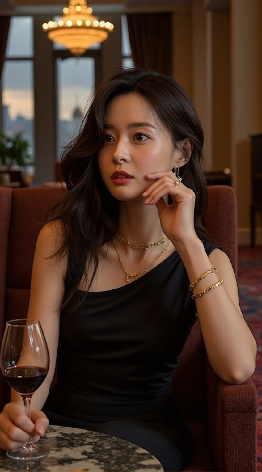 A sophisticated woman sits elegantly in a luxurious hotel lounge,  exuding timeless beauty and confidence. She wears a sle...