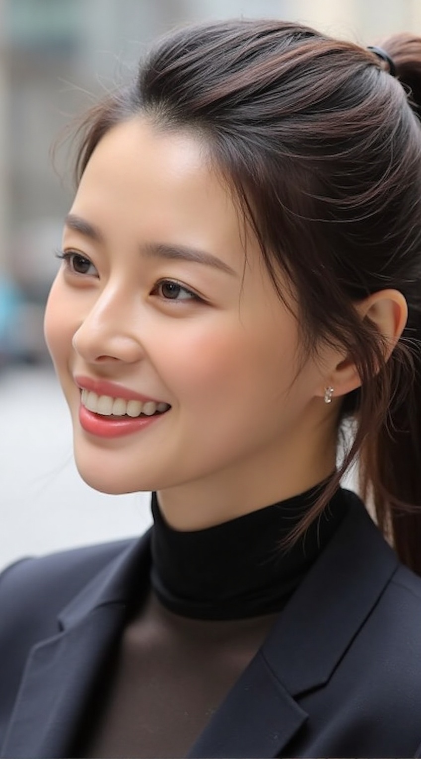 A close-up portrait of a sophisticated city woman with a radiant smile,  exuding confidence and charm. Her sleek ponytail...