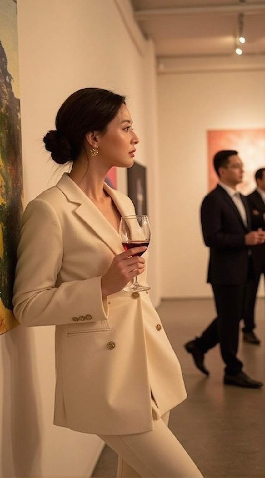 A sophisticated and stylish woman attending an exclusive art gallery opening. She wears an elegant white tailored pantsuit...