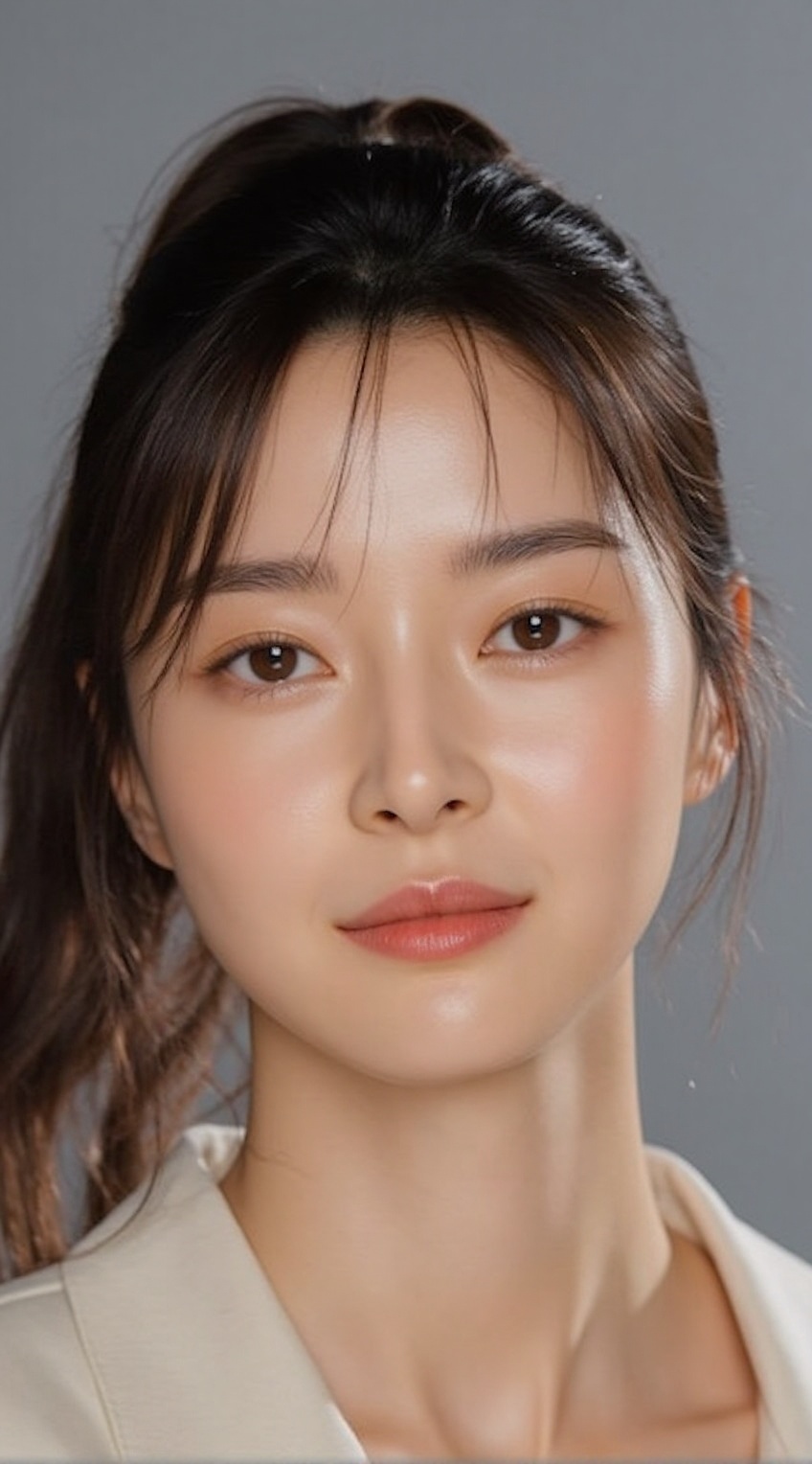 A stunning 20-year-old woman with flawless,  radiant skin captured in a high-end beauty photoshoot. Her sleek ponytail acc...