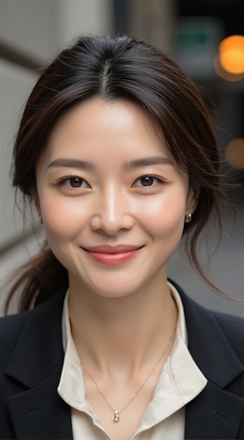 A close-up portrait of a sophisticated city woman with a radiant smile,  exuding confidence and charm. Her sleek ponytail...