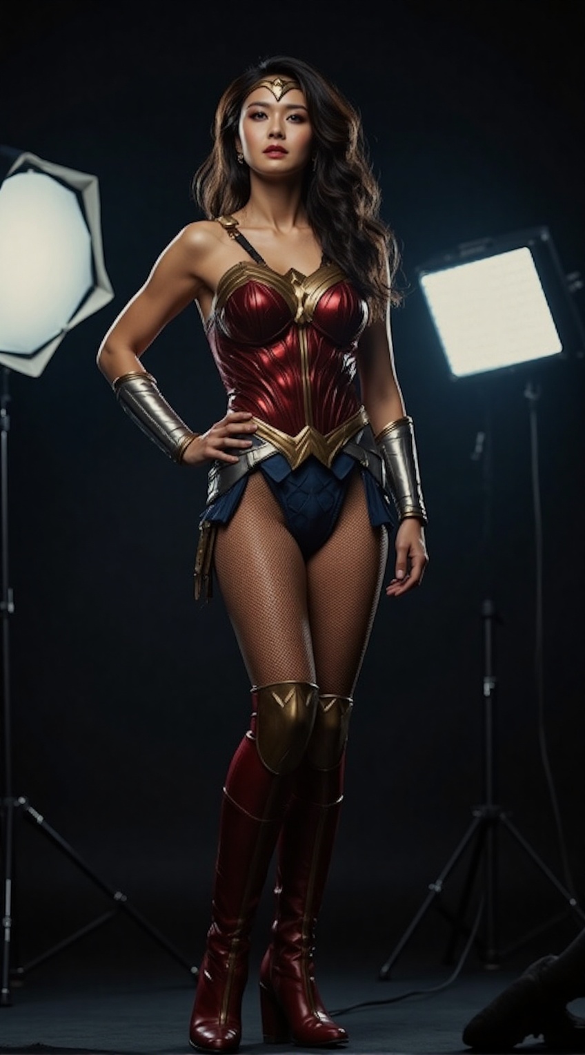 A powerful and stunning studio portrait of a woman dressed in a modern,  high-fashion Wonder Woman-inspired outfit,  posin...