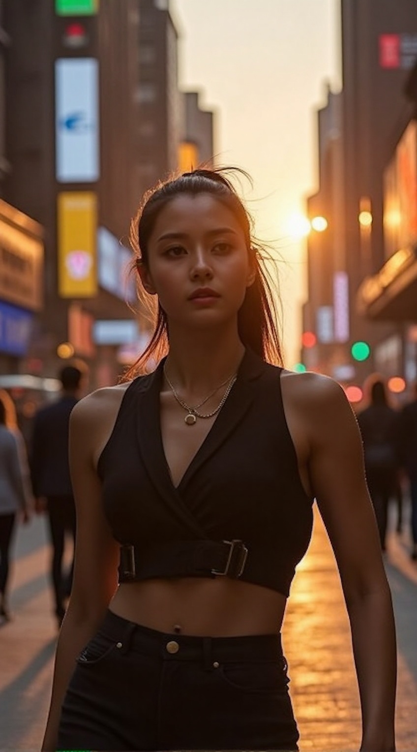 A stylish urban woman strides confidently through the bustling city streets as the sun sets,  casting a warm golden glow....