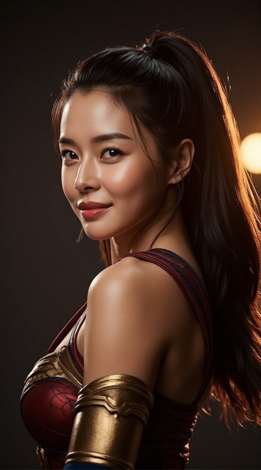 A stunning close-up studio portrait of a woman dressed in a modern,  high-fashion Wonder Woman-inspired outfit,  posing el...