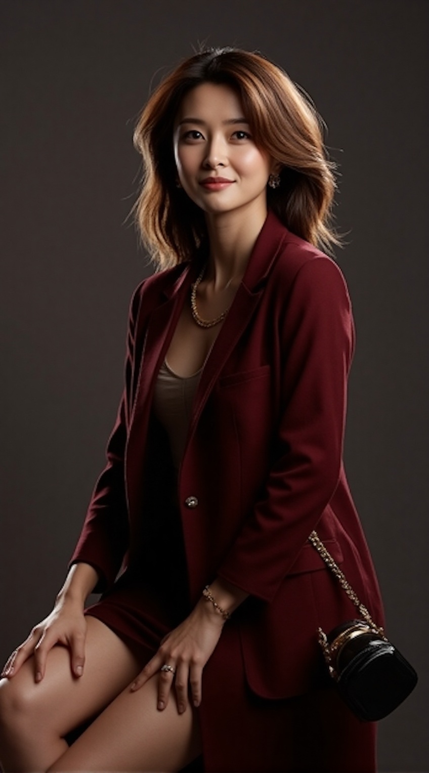A glamorous and high-fashion studio portrait of a sophisticated city woman posing for a magazine cover shoot. She wears an...
