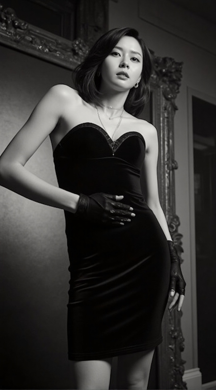 A classic black-and-white photograph of an elegant actress from the 1950s. She is standing in a vintage film set or in fro...