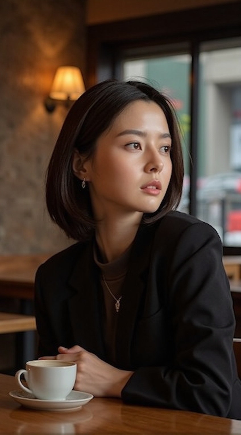 A sophisticated and elegant city woman sitting gracefully at a cozy café,  captured in a close-up shot. She has a sleek,...