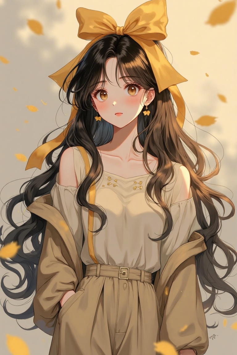 An ethereal,  dreamy fantasy anime girl with luminous straight black hair adorned with a gold ribbon,  framed in vertical...