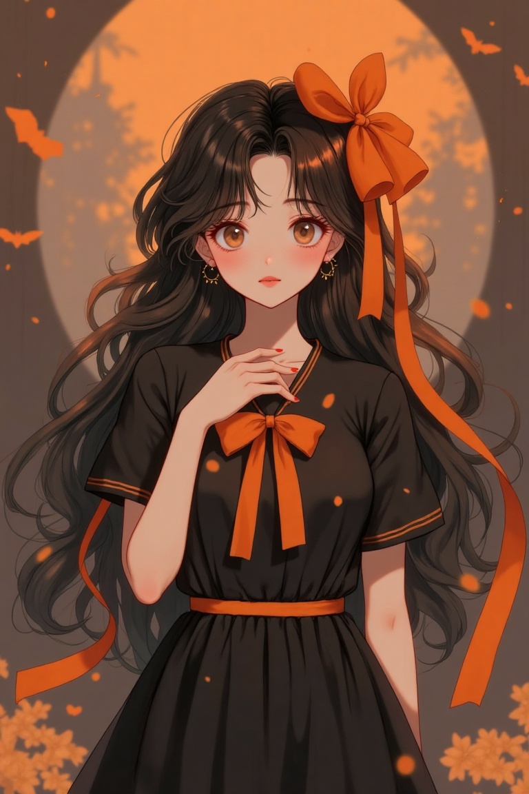 An ethereal and dreamy anime woman,  exuding cuteness with an orange ribbon adorning her black dress. Framed in a soft-foc...