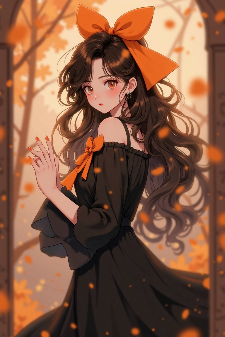 An ethereal and dreamy anime woman,  exuding cuteness with an orange ribbon adorning her black dress. Framed in a soft-foc...