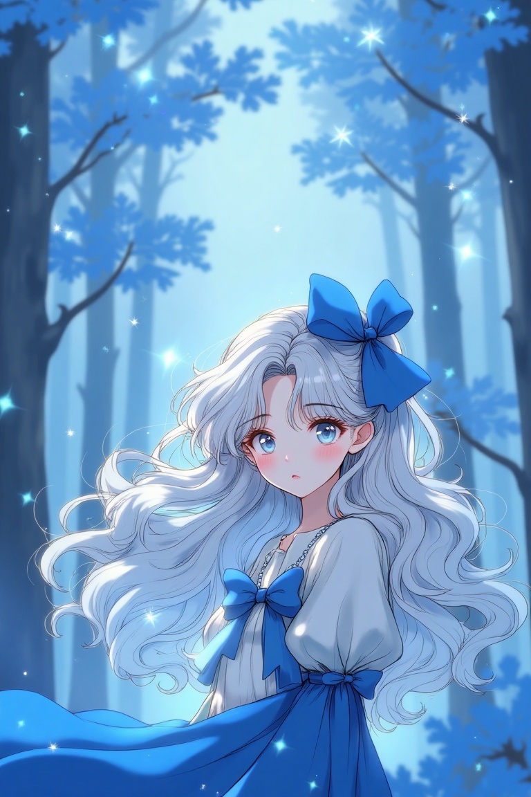 A luminous fantasy anime girl with wavy hair and a blue ribbon tied elegantly on her head. Framed in a mid-shot,  she stan...