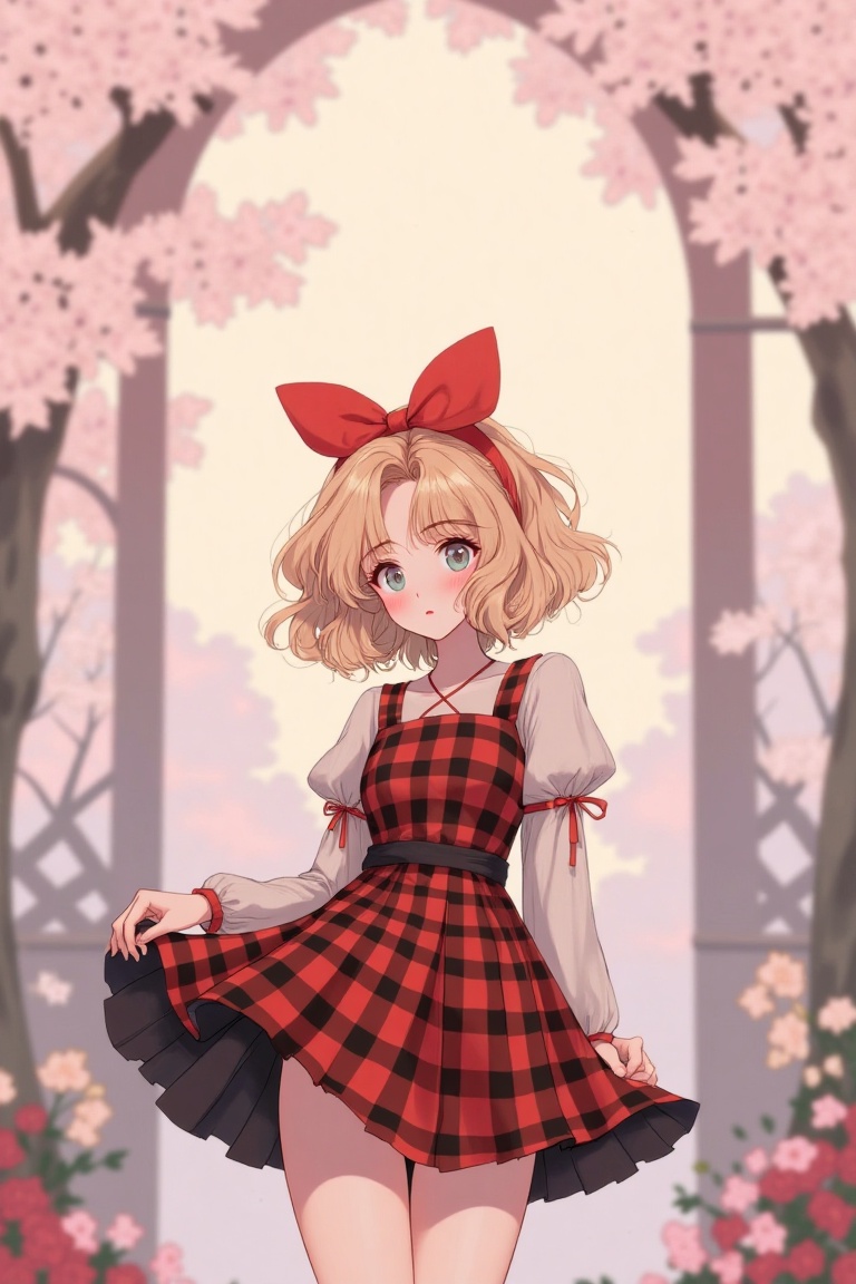 A dreamy ethereal anime girl with short blonde hair adorned by a red ribbon,  wearing a red and black checkered dress. Fra...