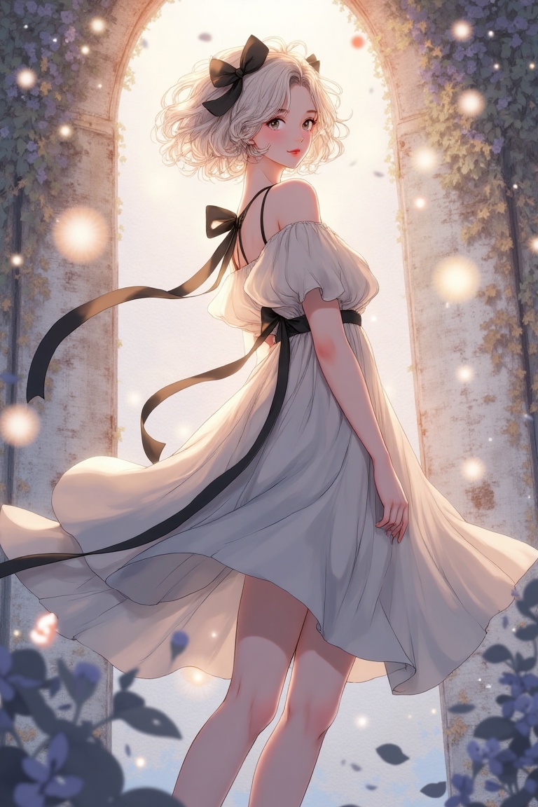 A luminous fantasy anime woman with short hair and a black ribbon,  captured in a bottom-up shot. Ethereal light surrounds...