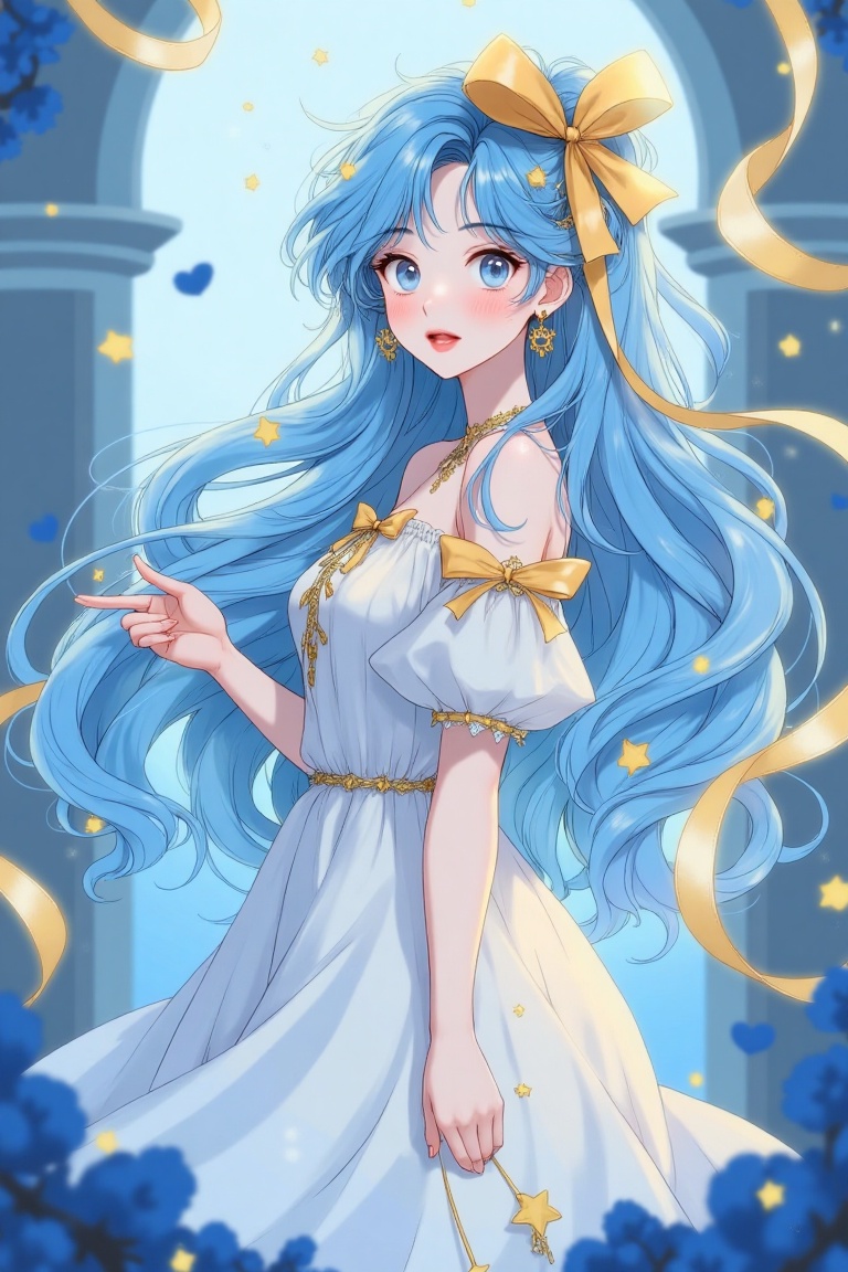 A luminous fantasy anime woman with ethereal blue hair and a gold ribbon,  styled for mobile wallpaper. Framed vertically...