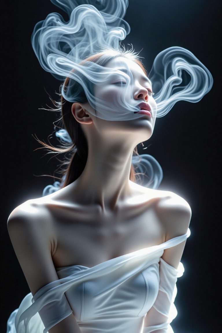 The image depicts a woman with her eyes closed,  exuding a serene and ethereal presence. She is wearing a white,  off-shou...
