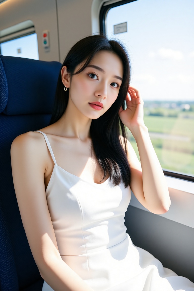 The image shows a woman sitting on a train seat by the window. She is wearing a white sleeveless dress with thin straps an...