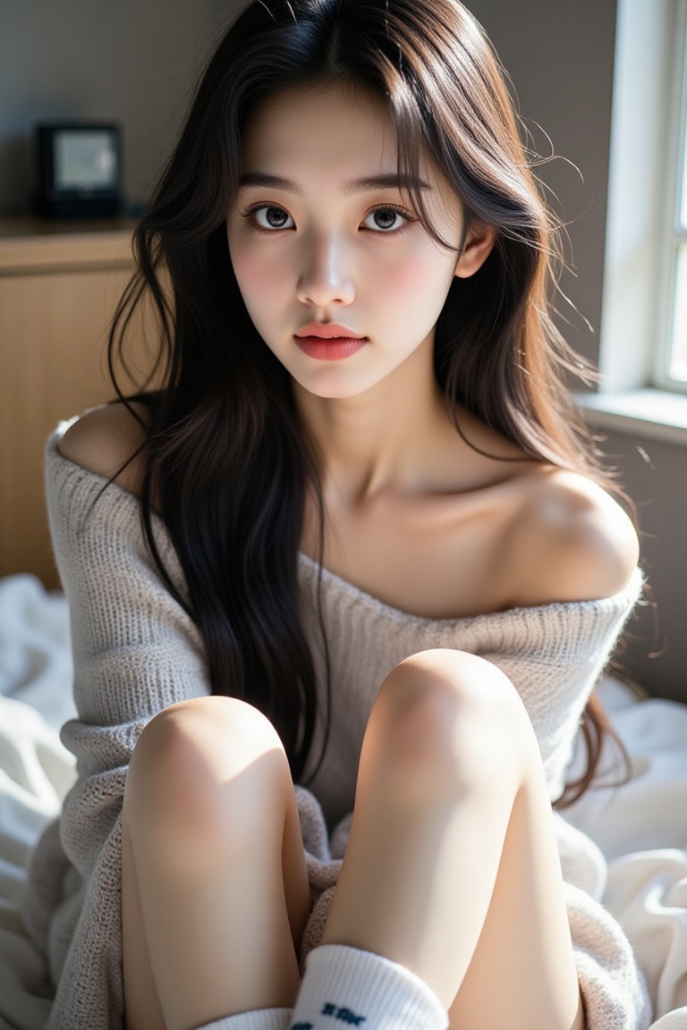 Here's a prompt for a photograph of the described girl: A solo portrait of a young woman with long,  brown hair falling do...