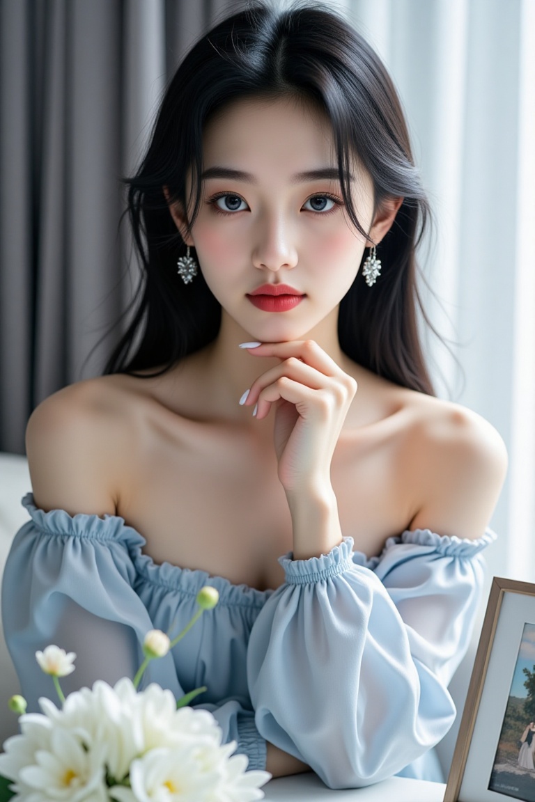She seems to have stepped out of a dream,  with her jet-black hair cascading naturally,  as smooth as silk. She wears a li...